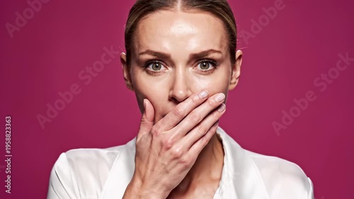 Woman Covering Mouth In Shock And Surprise.