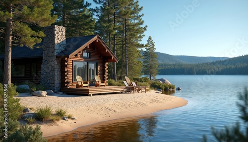 Rustic log cabin sits on sandy shore of calm lake. Deck with chairs faces calm water. Pine trees surround wooded house. Peaceful nature landscape with blue sky.