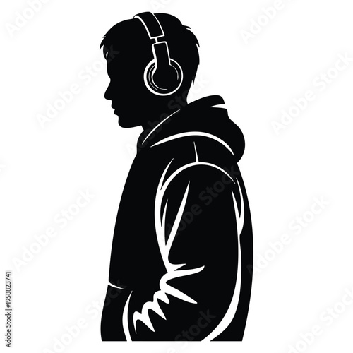 Young man side profile silhouette in hoodie and headphones hands in pockets casual urban style listening to music modern street culture vector artwork