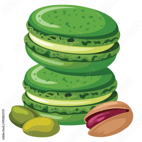 Yummy French dessert macarons with pistachio flavor and pistachio nuts around in vector style, ideal for pastry menu and packaging design