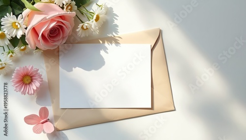 Blank card on beige envelope with pink roses daisies and paper butterfly. Soft light creates gentle shadows on white surface. Feminine stationery composition.