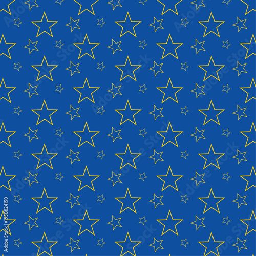 Seamless Yellow Outlined Stars on Blue Background. Repeating Starry Night Sky Pattern. Geometric Celestial Texture for Fabric, Wallpaper, Gift Wrap. Minimalist Space Graphic Design Vector.