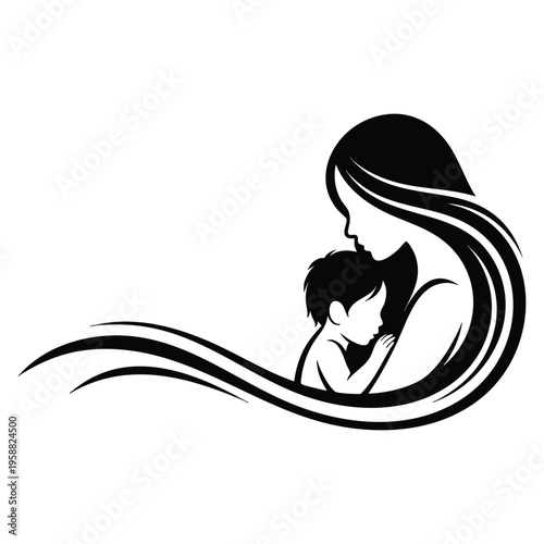 Silhouette of mother and baby symbol representing family love, maternity care icon, parent and child bonding graphic and nurturing concept design