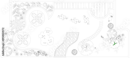 Technical architectural landscape plan view showing garden design with circular patios, winding stone pathways, trees, shrubs, deck and north arrow.