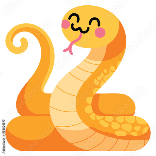 Simple childrens style flat vector illustration of cute kind snake on white background, charming reptile character design