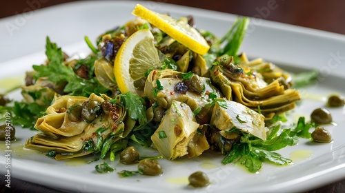 Precisely Arranged Artichoke Heart Salad with Zesty Lemon Garnish and Fresh Herb Accents on a Crisp White Plate