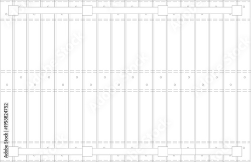 Technical architectural elevation or plan view drawing showing detailed fence or gate structure with vertical posts, horizontal rails, slats and fastening details