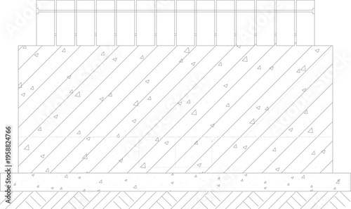 Technical section detail showing concrete wall base with diagonal hatching, topped with vertical fence posts, resting on foundation footing with gravel and brick