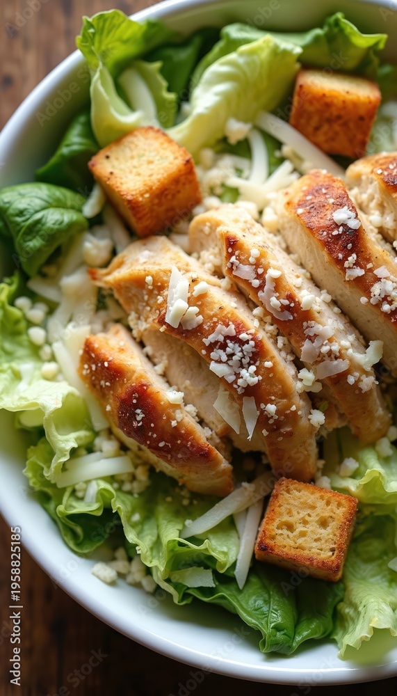 Naklejka premium Sliced grilled chicken breast served on romaine lettuce with parmesan cheese and croutons. A classic Caesar salad presentation, perfect for meal inspiration and healthy eating guides.