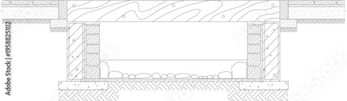 Technical architectural section detail showing structural foundation with vertical supports, horizontal beams, drainage layer with stones and brick sub-base.