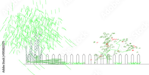 Technical landscape elevation drawing showing decorative picket fence with pointed tops, large tree with dense foliage, smaller fruit tree and ground vegetation.