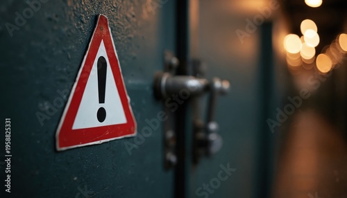 Exclamation mark in red triangle caution sign affixed to dark metal door with blurred industrial background. Safety alert warning symbol on entrance. Risk notice.
