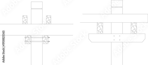 Technical architectural detail drawings showing structural wood connections, beam-to-column joints, and fastening methods for a timber framework.