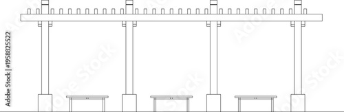 Technical architectural elevation drawing showing pergola or covered walkway with vertical columns, horizontal beams with decorative slats and benches underneath