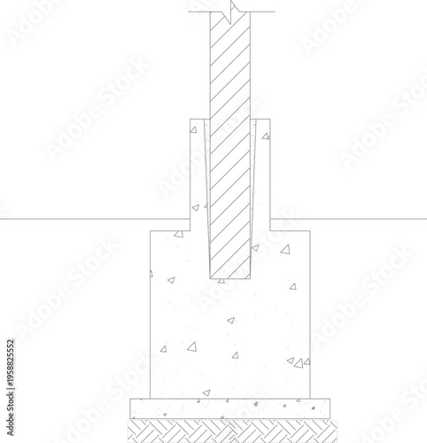 Technical architectural section detail showing a vertical structural column embedded in a concrete foundation footing with a brick sub-base layer.
