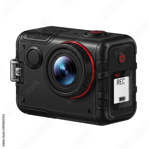 Compact black action camera with wide lens and REC indicator.