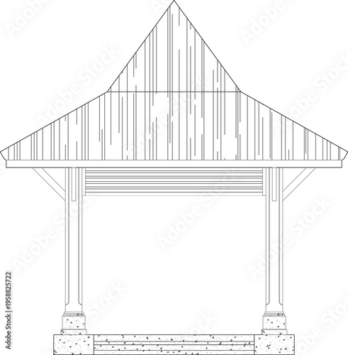 Technical architectural elevation drawing showing pavilion or gazebo with pyramidal roof, vertical columns, slatted ventilation panels and stone bases.