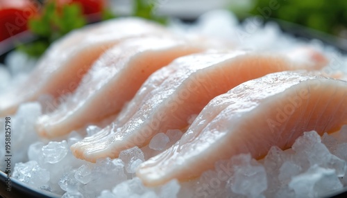 Fresh cod fish fillets lie on crushed ice, ready for sale at market. Raw white fish cuts offer healthy protein for cooking meals. Seafood ingredient for gourmet dishes, clean and pure.
