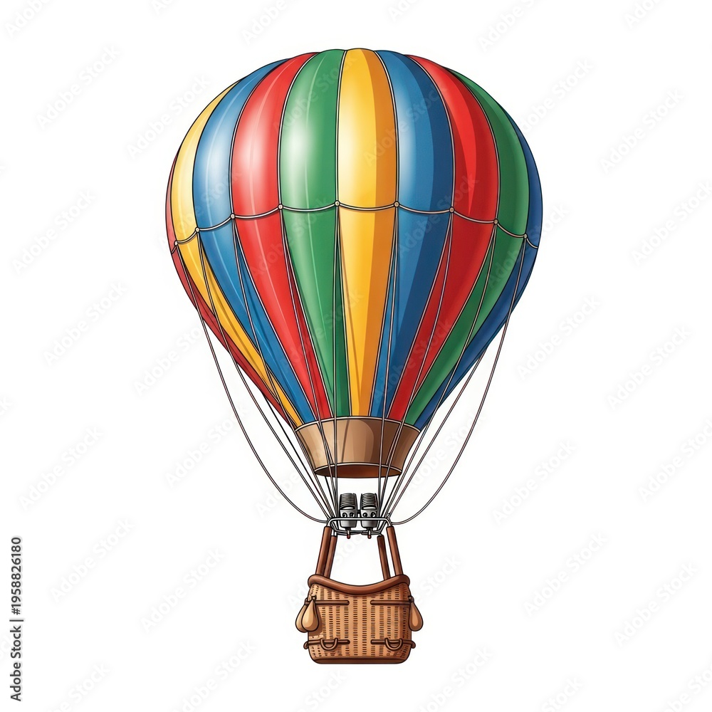 Fototapeta premium Colorful striped hot air balloon with wicker basket flying over sky.