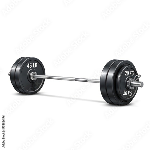 Olympic barbell loaded with heavy weight plates on a clean white background.
