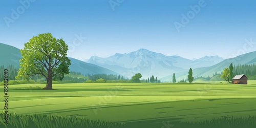 A serene alpine pasture under a clear blue sky, featuring a grassy field with a single tree and hut in the distance.