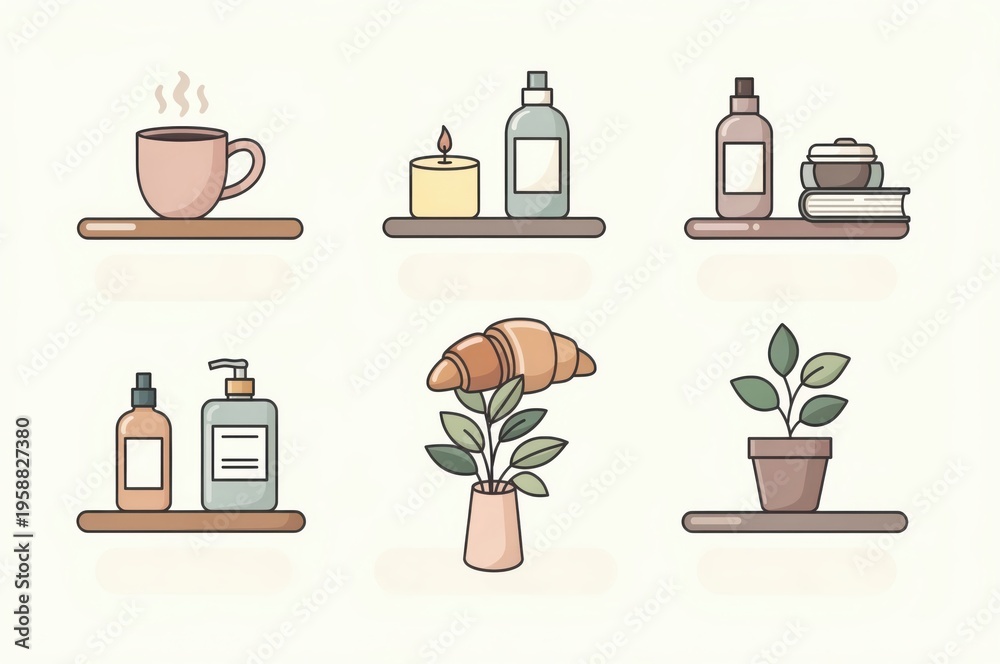 Obraz premium Cozy home decor elements arranged on minimalist wooden shelves featuring coffee cup scented candle skincare products potted plant and croissant conveying tranquility and simple elegance