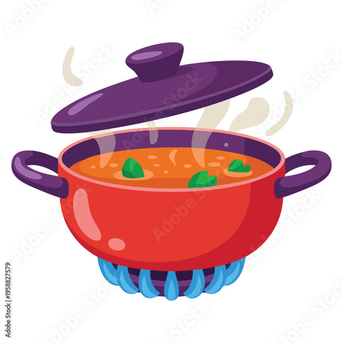 Vector illustration of soup cooking in pot ideal for kitchen recipe homemade meal food preparation and culinary themed design projects
