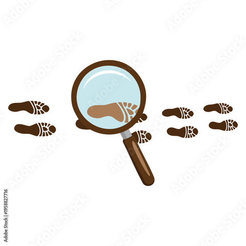 Vector illustration of tracking footsteps with magnifying glass, detective following footprint symbol for tracing, finding, searching clues investigation concept