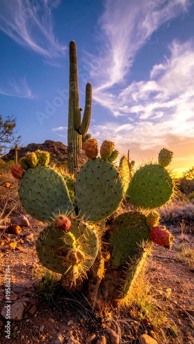 Cactus in a Red Rock Desert with a Dynamic Cloudscape