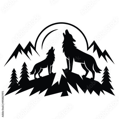 Vector illustration of winter wolves silhouette howling at the moon at night against dark background suitable for wildlife and fantasy designs