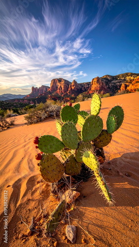 Cactus in a Red Rock Desert with a Dynamic Cloudscape