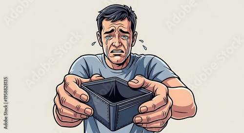 A man crying and showing his empty wallet, symbolizing financial hardship and poverty with a sense of despair