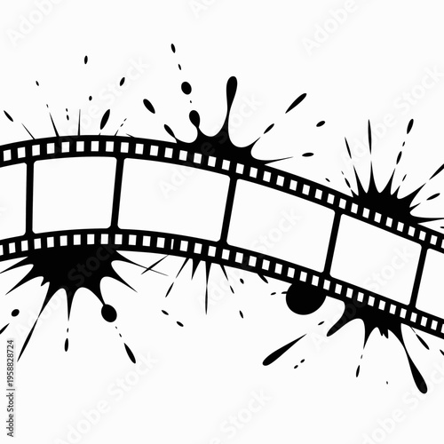 A dynamic black and white image features a film strip set diagonally. Ink splatters energetically burst around the strip, adding visual interest.
