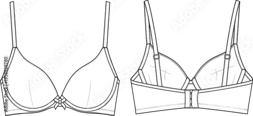 "Technical fashion flat drawing of bra design with contoured cups, center bow accent, adjustable straps, hook-and-eye back closure for lingerie apparel illustration and garment construction 