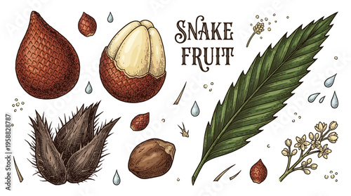 Vintage Hand Drawn Snake Fruit Vector Illustration. Exotic Salak Fruit Set with Salacca Zalacca, Leaves, Flowers, and Seeds Isolated on White Background for Food Packaging and Branding.