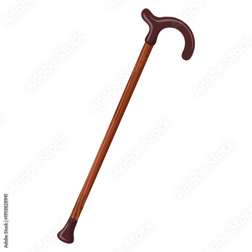 Walking cane wooden stick on white background, cane for elderly old aged and disabled person mobility support illustration