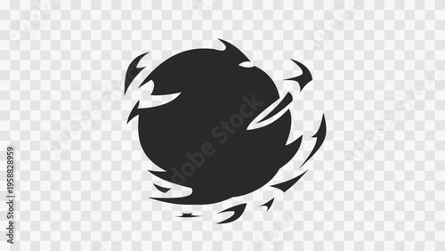 Abstract circular burst with solid core and sharp energy fragments isolated on transparent background. Dynamic impact effect for games, design, and comic visuals.