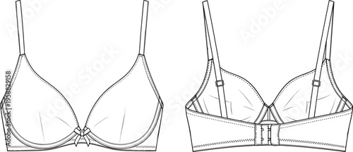 "Technical fashion flat drawing of bra design with underwire seam details, adjustable straps, hook-and-eye back closure for lingerie apparel illustration and garment construction pattern reference"