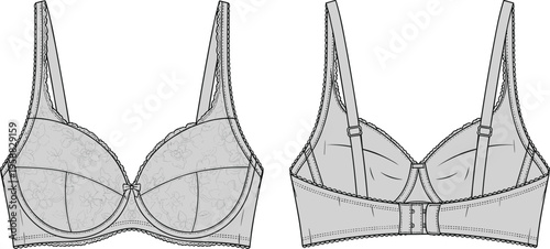 "Technical fashion flat drawing of bra design with scalloped trim edges, underwire seam details, center bow accent, adjustable straps, hook-and-eye back closure for lingerie apparel illustration"