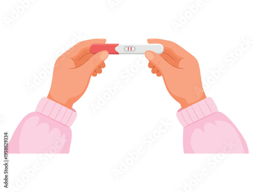 Womens hands holding pregnancy test with two lines, positive result planning a baby motherhood healthcare concept vector illustration