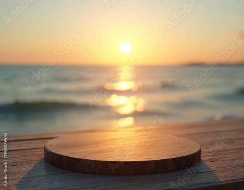 Round wooden board sits on beach planks before ocean waves at golden sunset. Empty surface for product display. Calm sea horizon and warm sunlit sky backdrop.