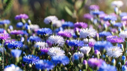 Blue and white wildflower meadow background with mixed blossoms and soft light for spring wallpaper and botanical banner design