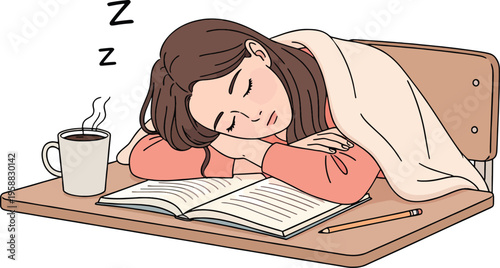 Young Woman Sleeping on Desk While Studying
