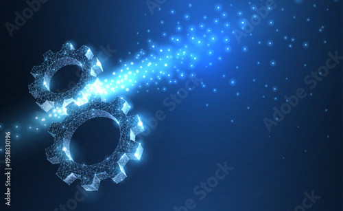 Gears. Abstract vector wireframe two gear 3d modern illustration on dark blue background.