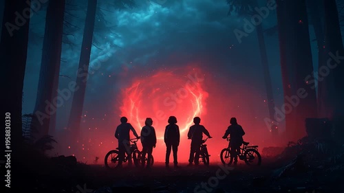 Young friends looking at a magical portal in forest, stranger things vibe.