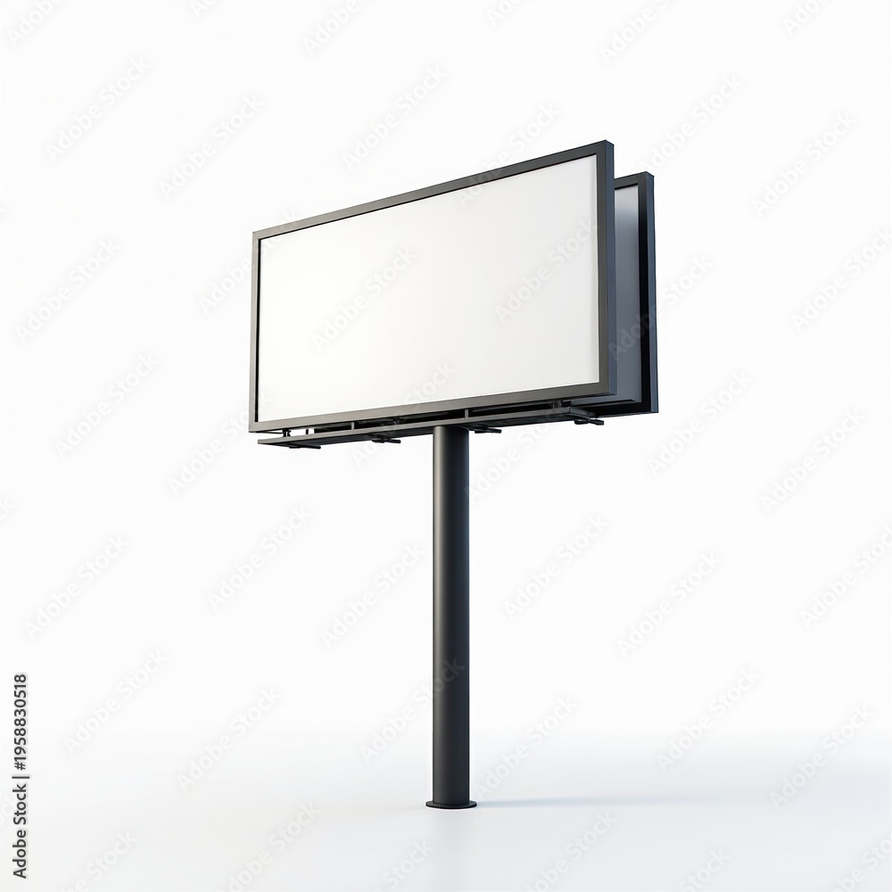 Obraz premium Blank billboard on black pole. Horizontal frame with white space for text. Simple modern advertising panel on white background. Outdoor ad display mock-up template.