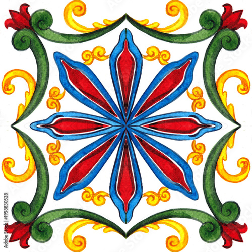 Hand draw watercolor Sicilian tiles, majolica aesthetic. Italian motives, La Dolce vita clipart.