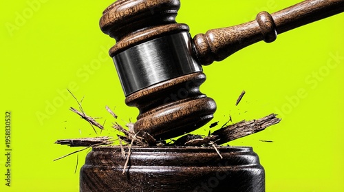 Wooden judge gavel striking sound block with flying splinters on green