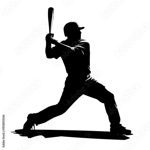 Baseball player swinging bat in silhouette on white background  