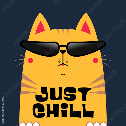 Wallpaper Mural Cute cartoon orange cat in sunglasses with a relaxed expression and bold “JUST CHILL” text on a dark blue background, creating a fun playful graphic. Torontodigital.ca